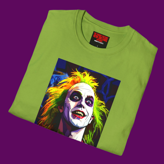 Detail of custom Beetlejuice pop art illustration showing high-energy colors and whimsical horror-themed design on soft cotton fabric.