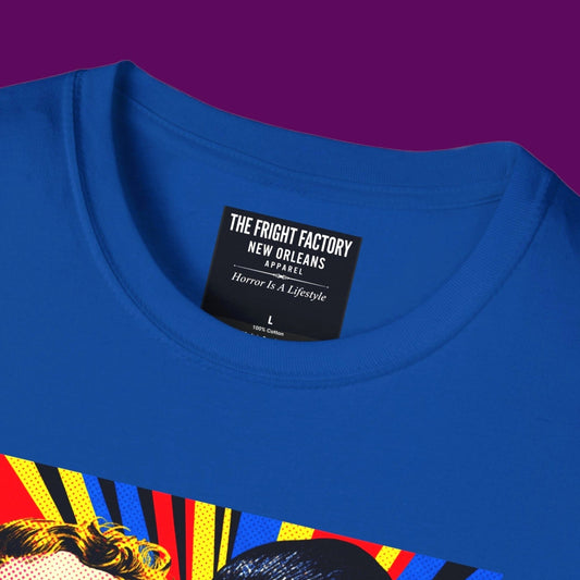 Personalized royal blue t-shirt featuring a retro pop-art graphic of Dracula and a victim in a vintage comic book style. For Sale in The Fright Factory, New Orleans.