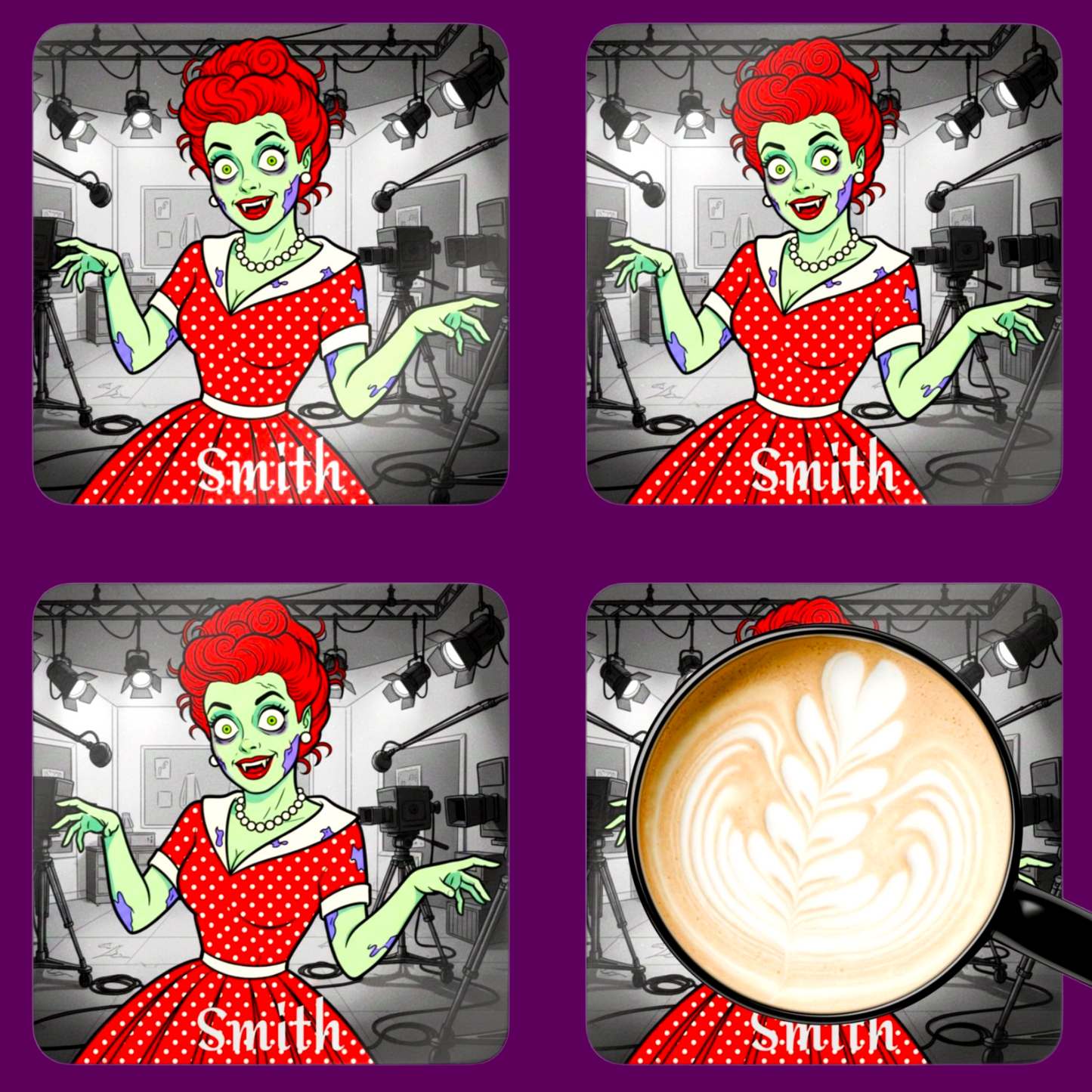 Set of four square coasters featuring zombie versions of Lucille Ball in iconic 'I Love Lucy' scenes, hand-designed with a macabre pop-art style. Sold in The Fright Factory New Orleans horror shop.