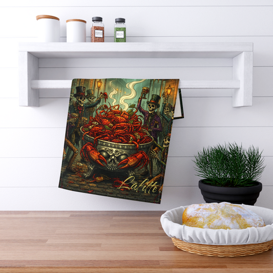 Unique personalized New Orleans souvenir tea towel featuring spooky crawfish boil skull graphics for a gothic kitchen display. Designed in The Fright Factory New Orleans gift shop.