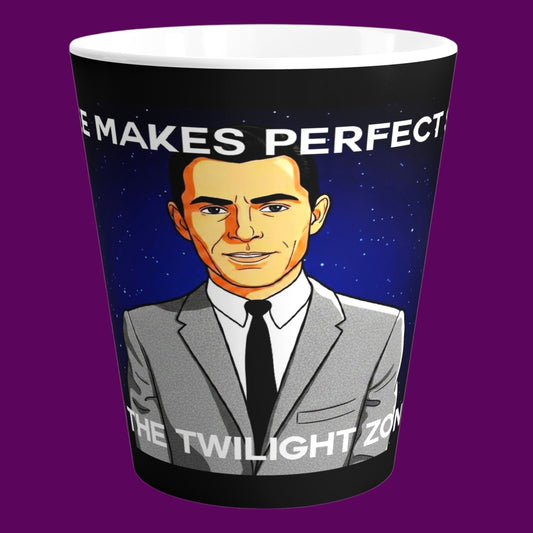 Custom ceramic coffee mug featuring a retro graphic portrait of Rod Serling from The Twilight Zone set against a cosmic starry background. Custom personalized pop culture gift by The Fright Factory, New Orleans.