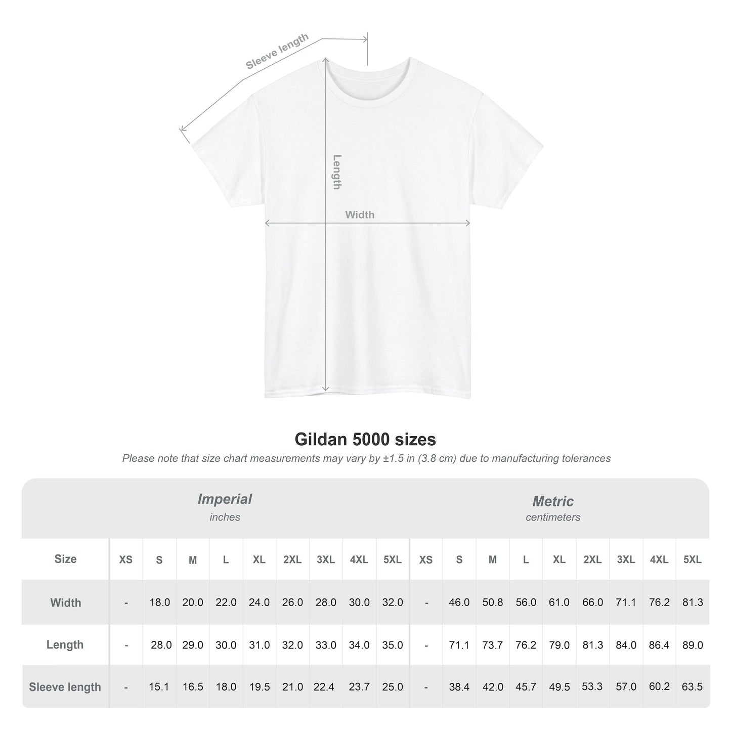 Size chart for the Gildan 5000 t-shirt collection from The Fright Factory New Orleans gift shop.