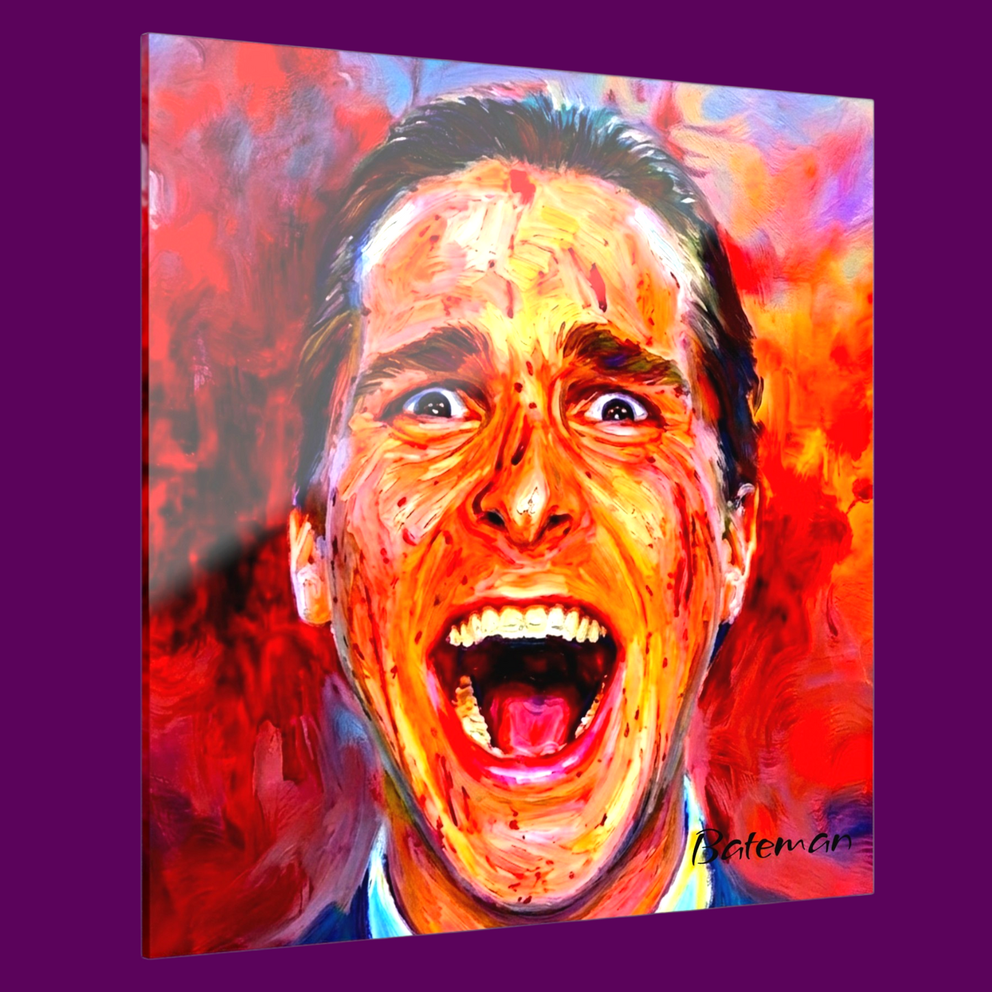 Patrick Bateman American Psycho acrylic wall art in a colorful Monet Impressionist style by The Fright Factory New Orleans.