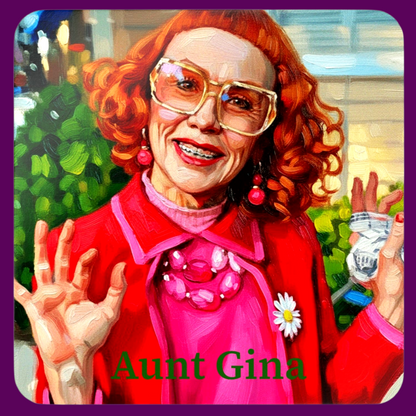 Close up of a personalized cork back coaster of Aunt Gladys from Weapons. Designed in The Fright Factory New 
Orleans.