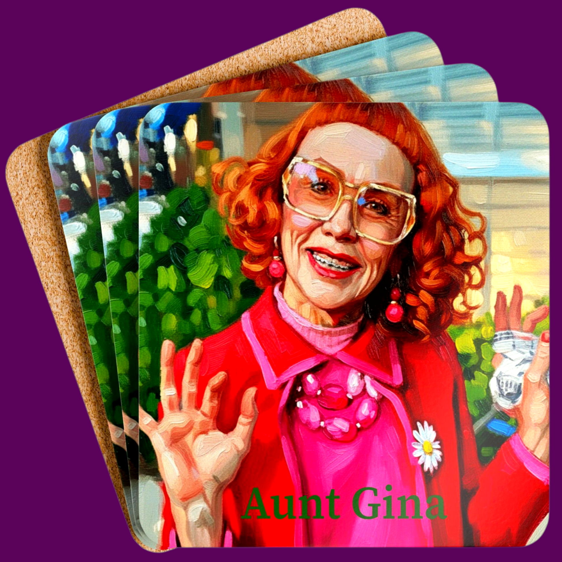 Set of four custom ceramic coasters featuring stylized Aunt Gladys horror art from The Fright Factory New Orleans.