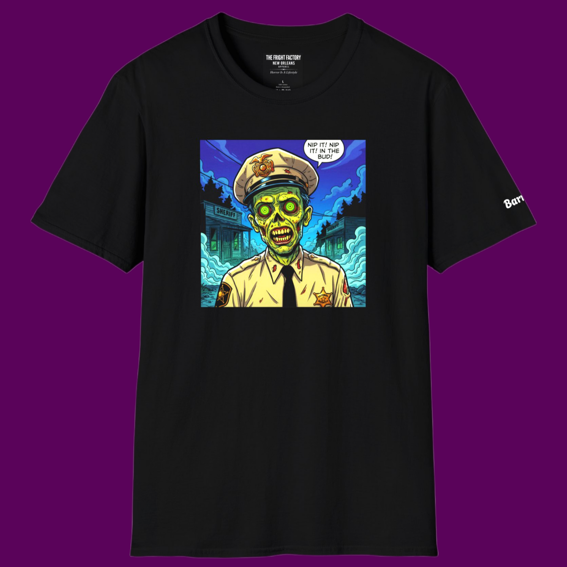 Custom deputy Barney Fife graphic showing detailed zombie face and retro police uniform on cotton fabric.
