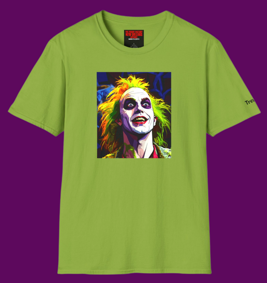 Unisex 100% cotton t-shirt featuring vibrant custom pop art of Beetlejuice from the 1988 film in a bold, colorful graphic style.