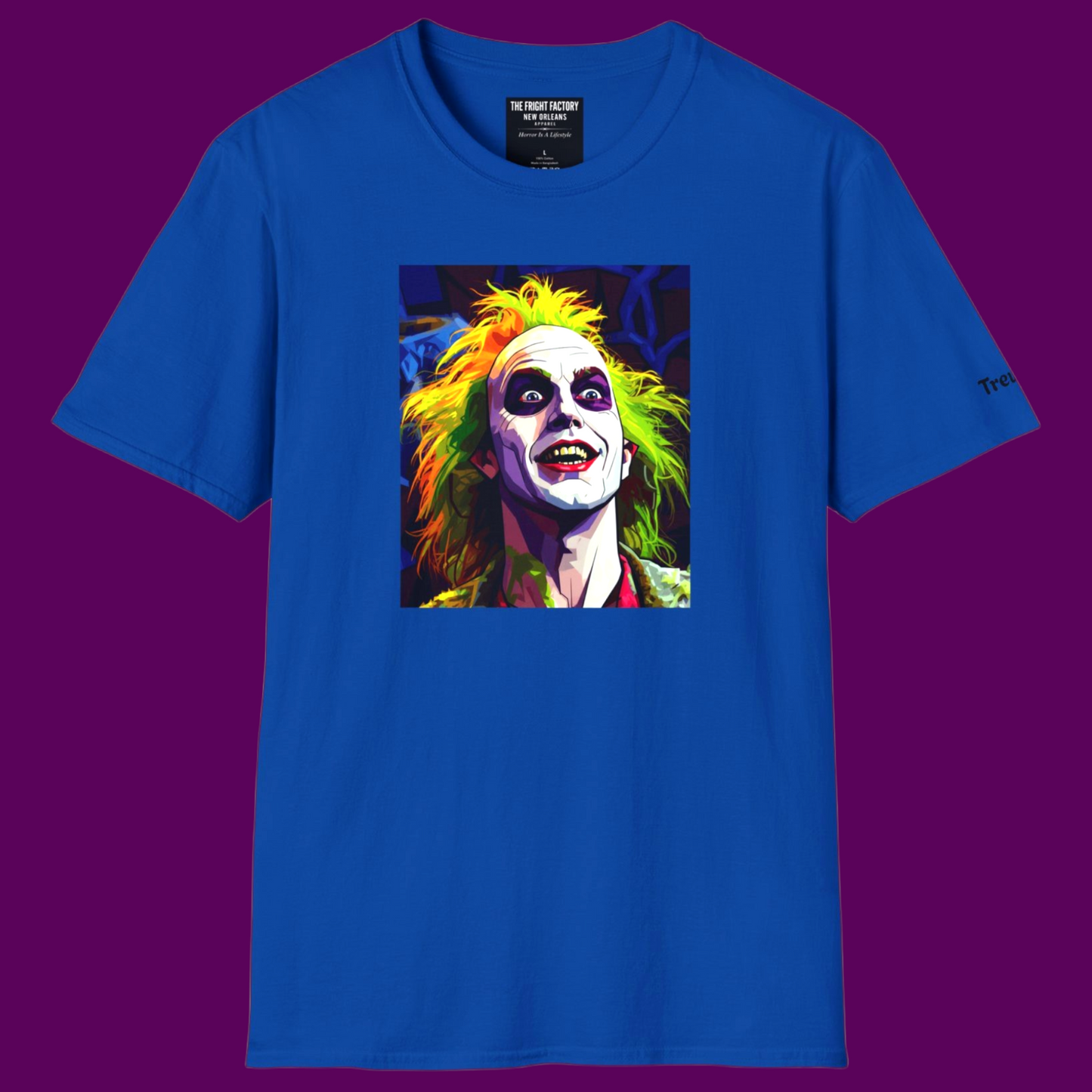 Front view of Beetlejuice pop art blue tee showing the comfortable retail fit and bright graphic colors from The Fright Factory NOLA.