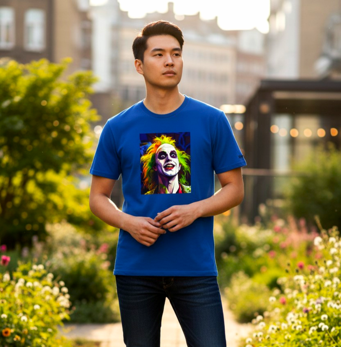 Person wearing the Beetlejuice Pop Art T-Shirt in a New Orleans street setting, showing the vibrant neon colors and modern classic fit of the Gildan 64000.