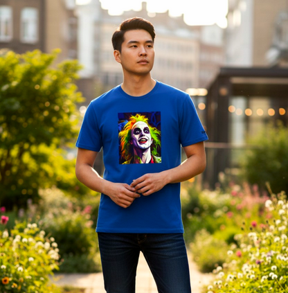 Person wearing the Beetlejuice Pop Art T-Shirt in a New Orleans street setting, showing the vibrant neon colors and modern classic fit of the Gildan 64000.