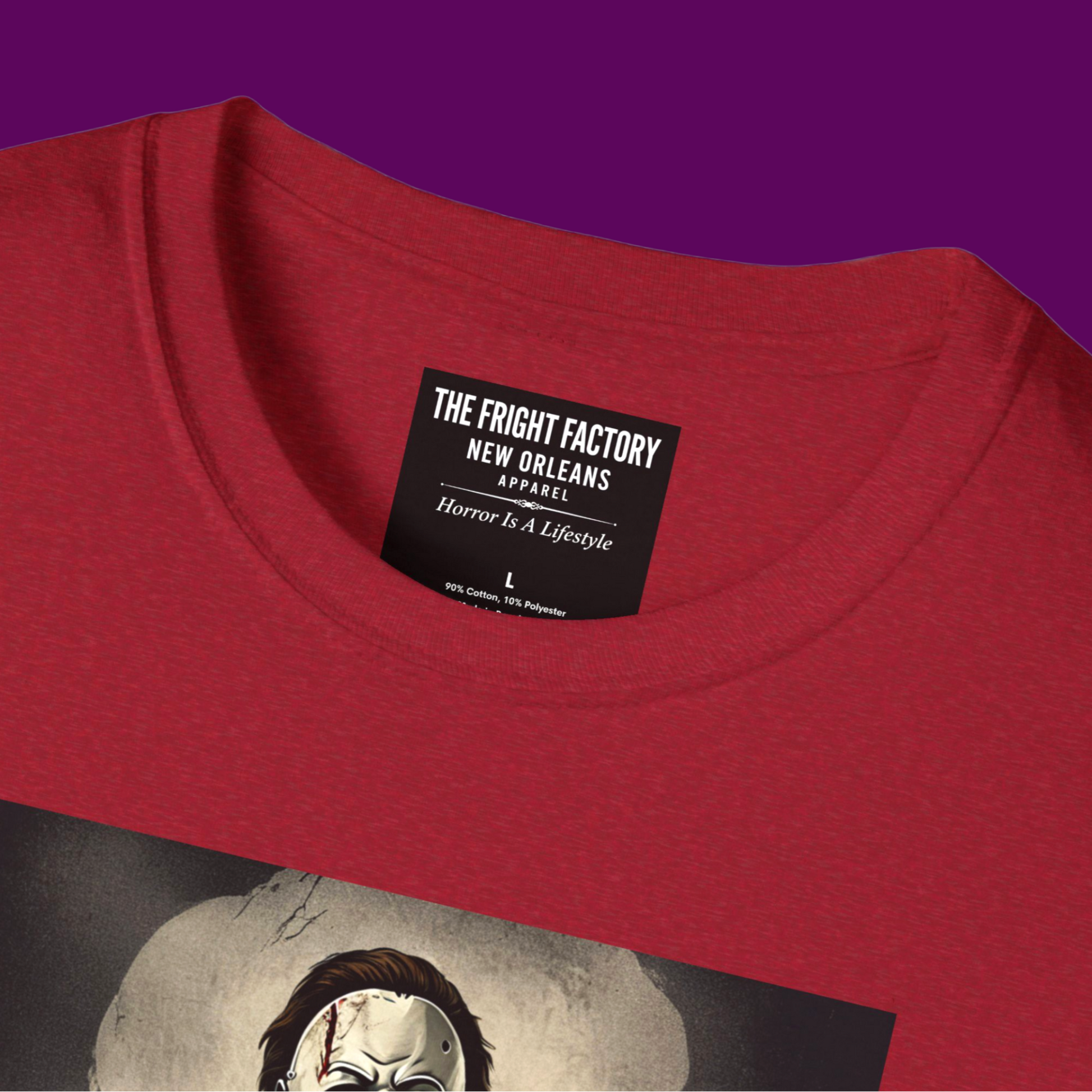 Detailed view of personalized name printed on a Michael Myers horror movie tee ifrom The Fright Factory New Orleans.
