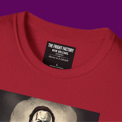 Detailed view of personalized name printed on a Michael Myers horror movie tee ifrom The Fright Factory New Orleans.