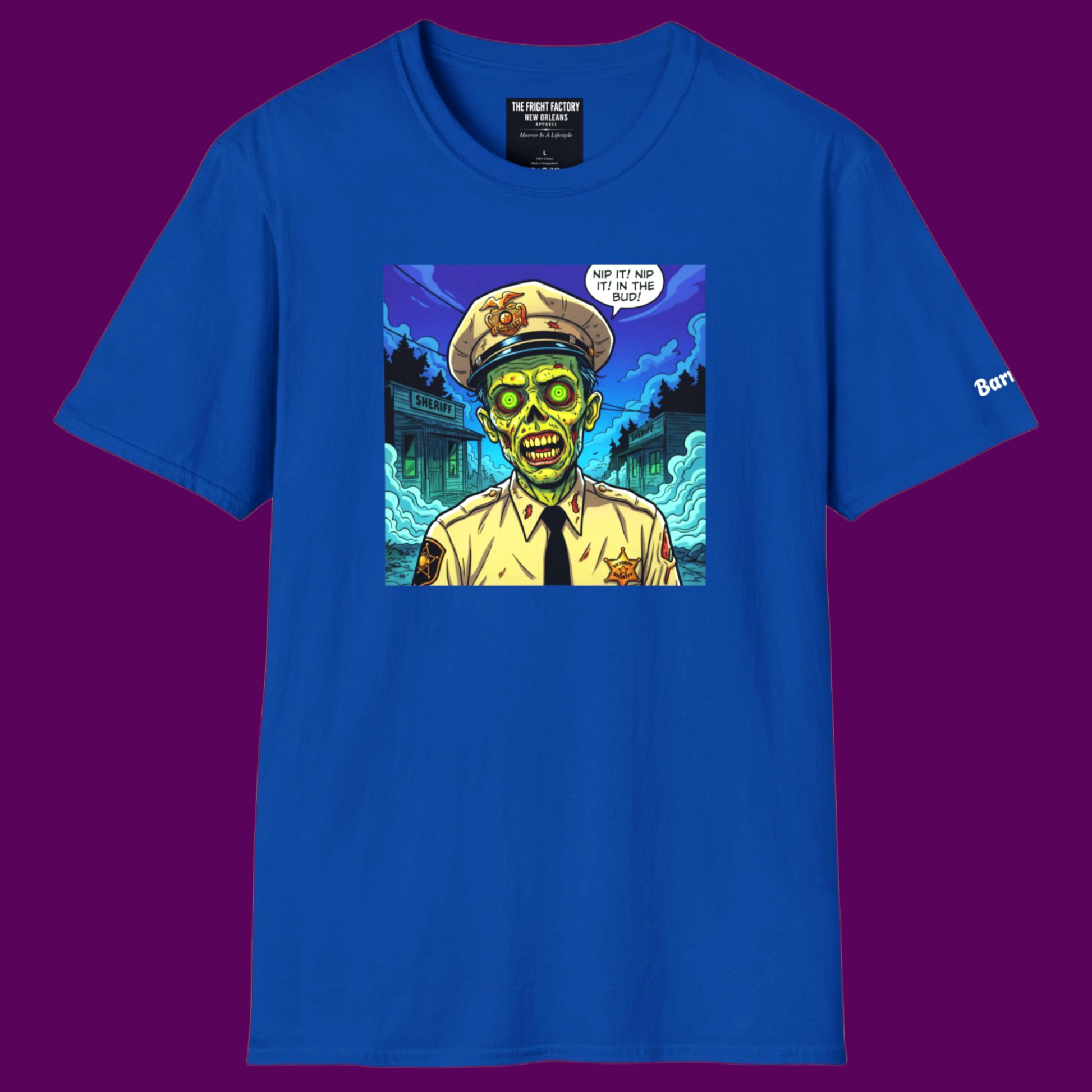 Zombie Barney Fife illustration with "Nip It In The Bud" text on a charcoal grey t-shirt.
