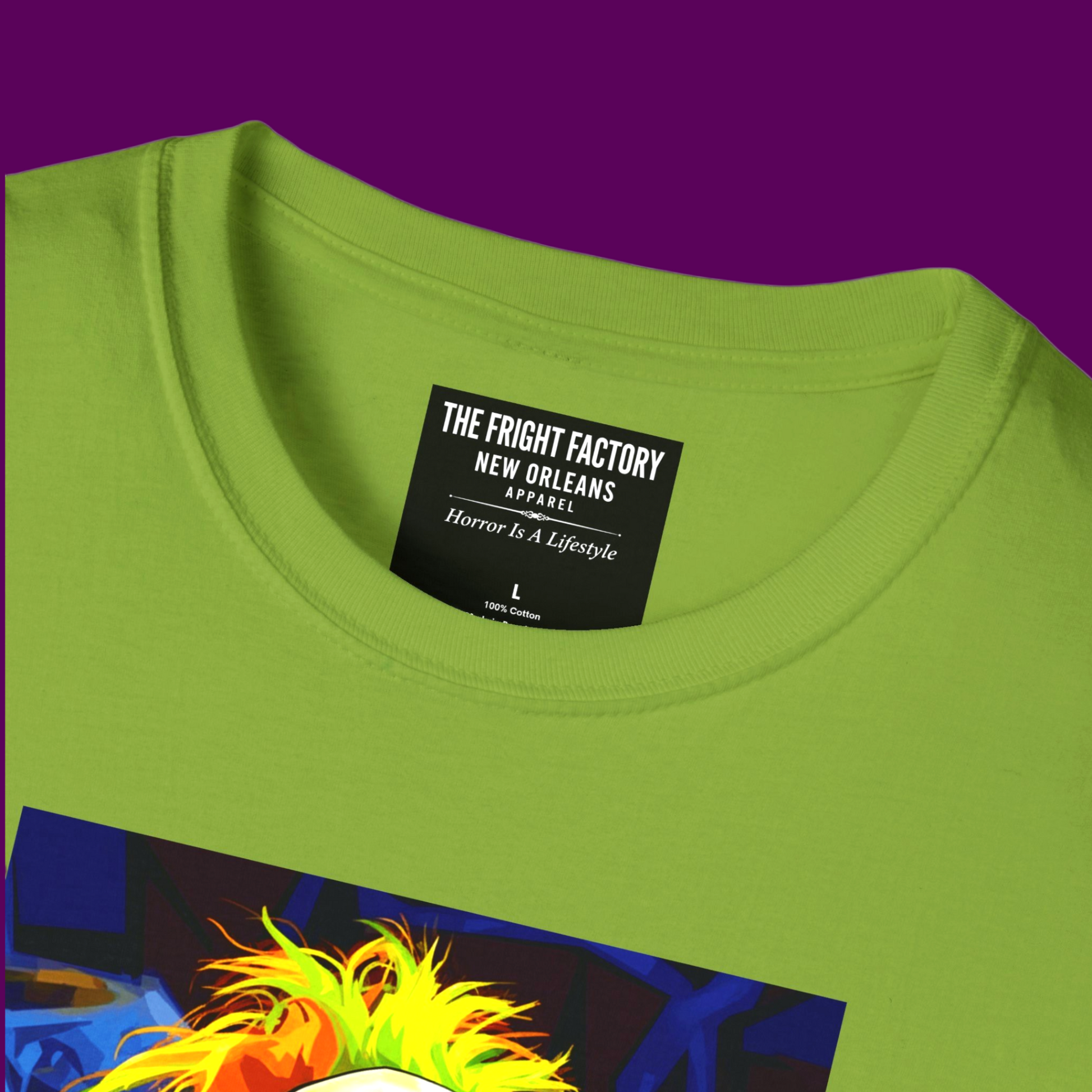 Detail of custom Beetlejuice pop art illustration showing high-energy colors and whimsical horror-themed design on soft cotton fabric.