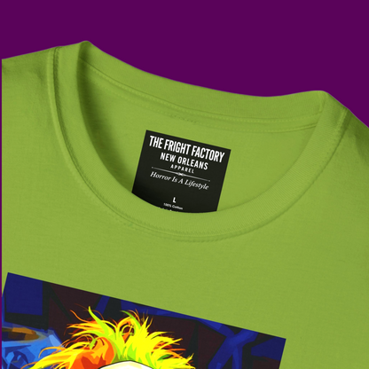 Detail of custom Beetlejuice pop art illustration showing high-energy colors and whimsical horror-themed design on soft cotton fabric.