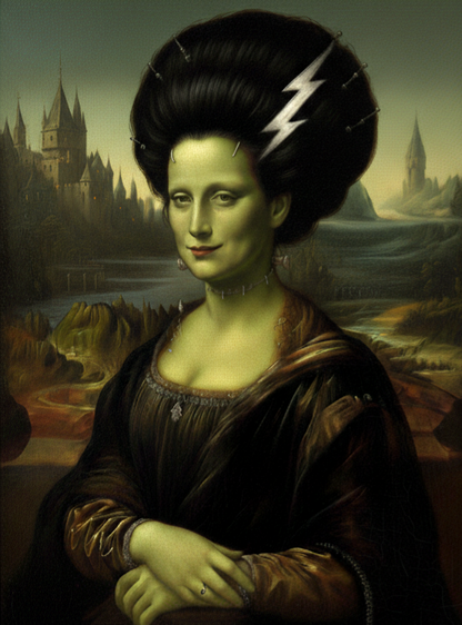 Bride of Frankenstein Mona Lisa art from The Fright Factory New Orleans. Featured on a customn laundry bag.