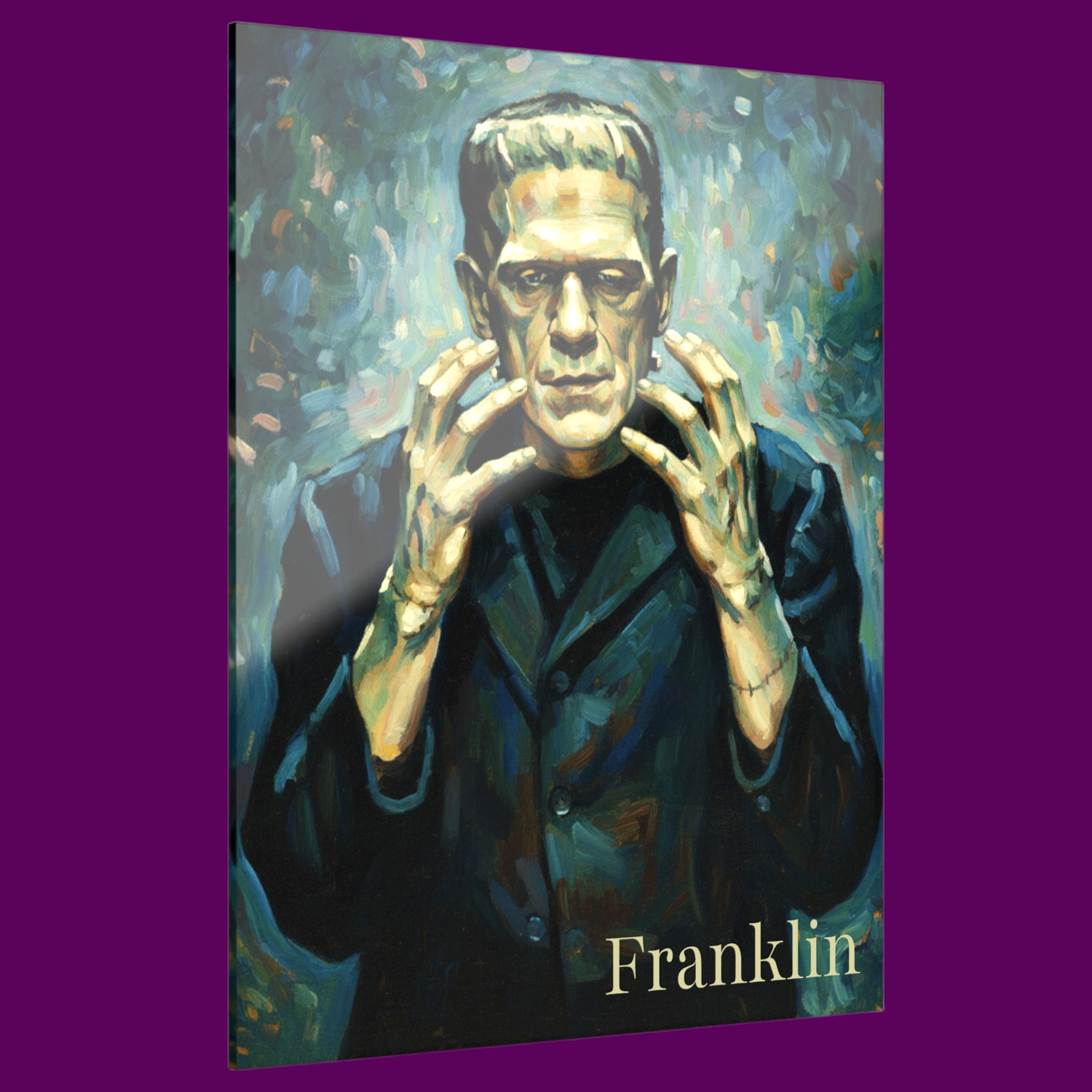 Impressionist painting of Frankenstein's monster with soft brushstrokes and vibrant dabs of color in a Monet style. Personalize in The Fright Factory New Orleans.