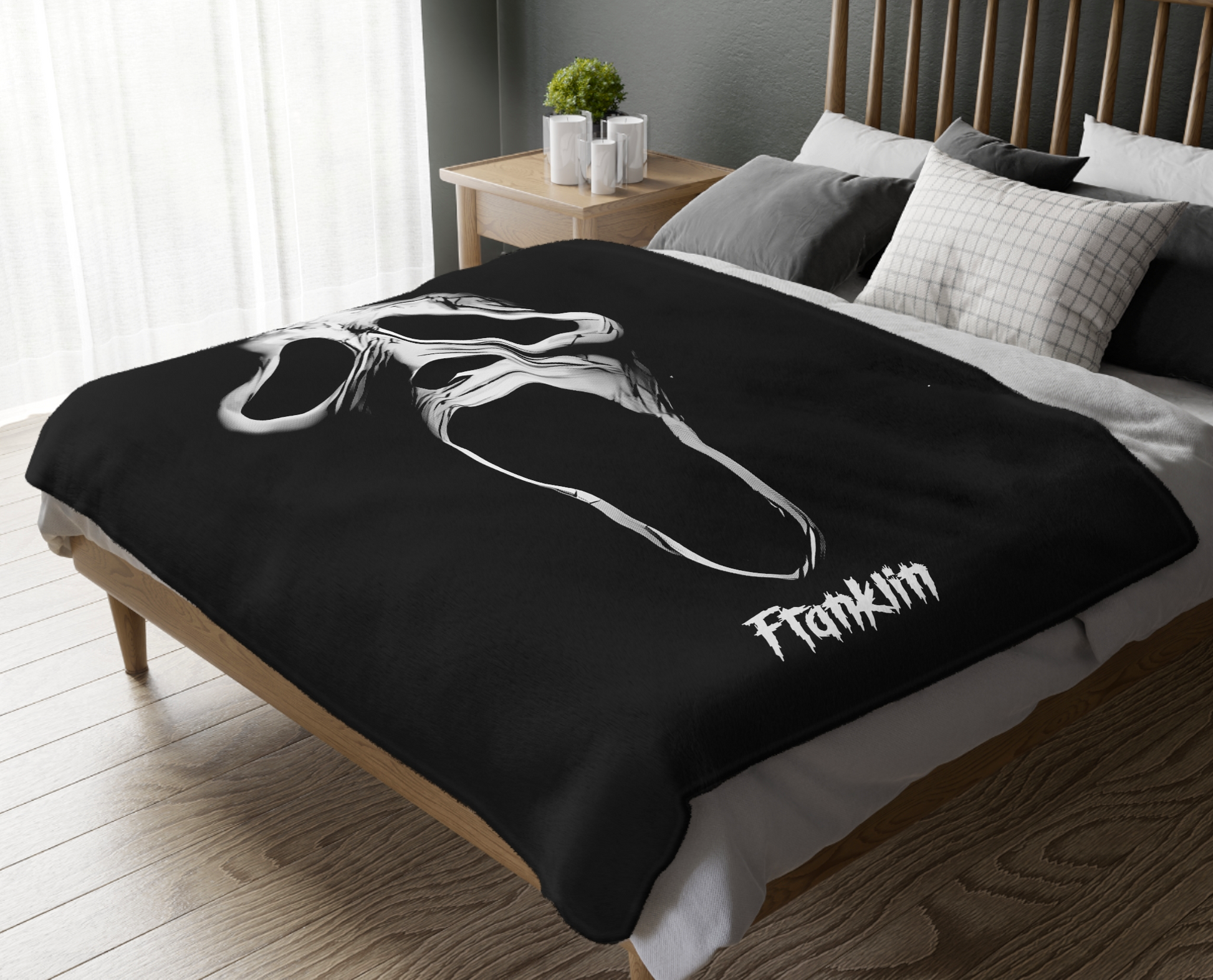 Ghostface horror themed bed throw styled in a spooky bedroom decor setting, personalized Scream movie merchandise.