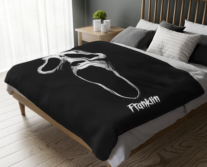 Ghostface horror themed bed throw styled in a spooky bedroom decor setting, personalized Scream movie merchandise.