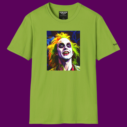 Unisex 100% cotton t-shirt featuring vibrant custom pop art of Beetlejuice from the 1988 film in a bold, colorful graphic style.