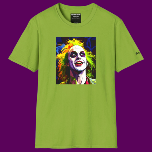 Unisex 100% cotton t-shirt featuring vibrant custom pop art of Beetlejuice from the 1988 film in a bold, colorful graphic style.