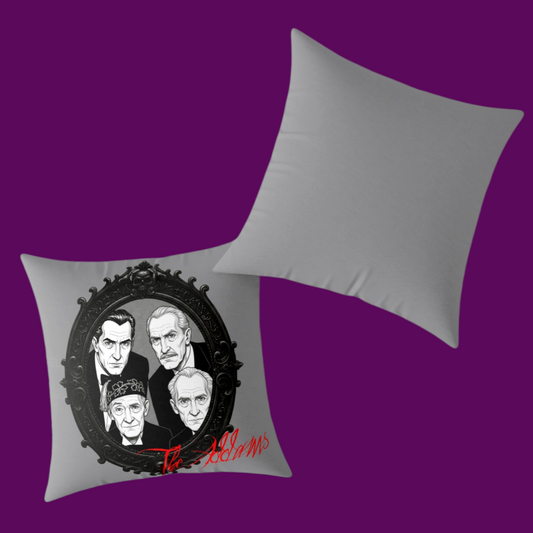 Custom horror legends throw pillow featuring classic movie monster actors art by Rocket Hulsey, Fright Factory NOLA.