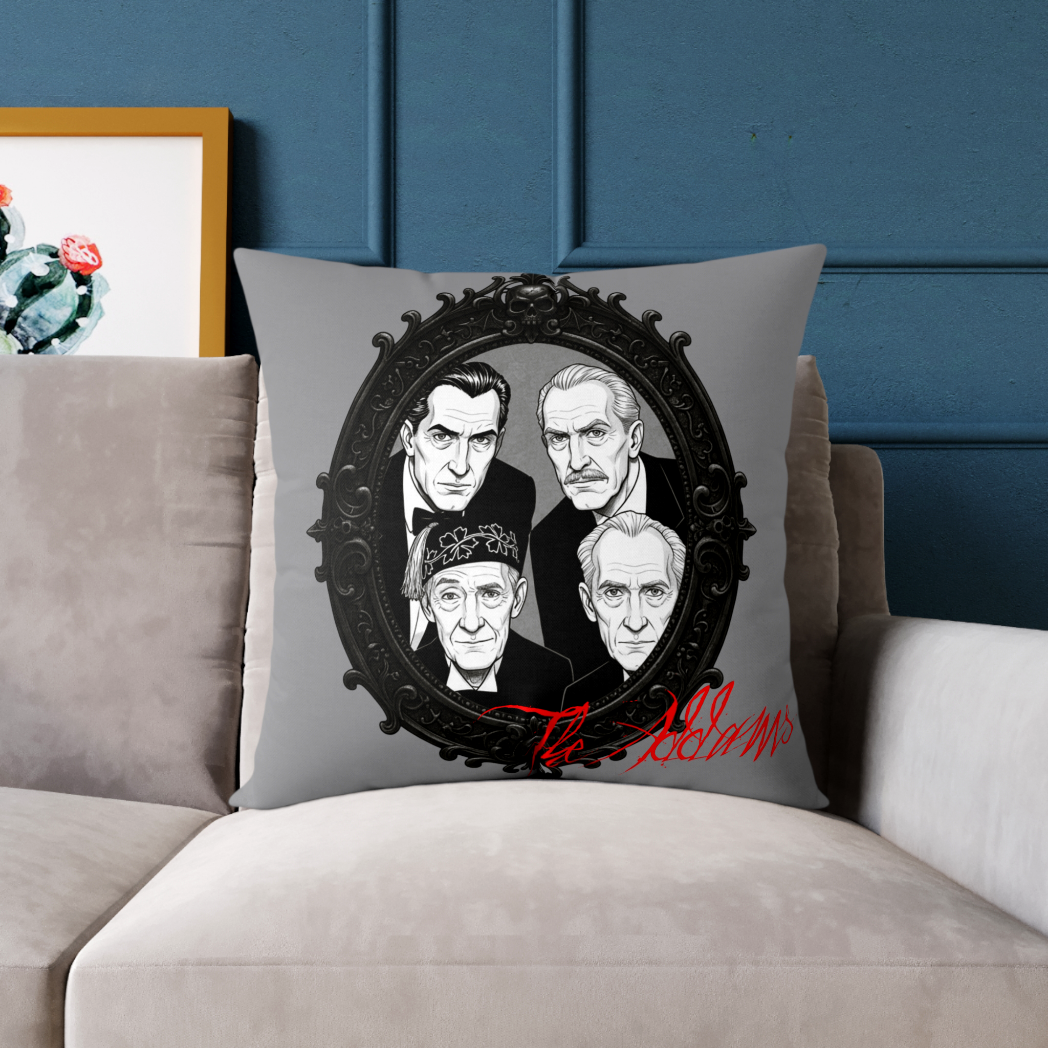 Custom gothic throw pillow featuring classic horror movie actors illustration by Rocket Hulsey, New Orleans.