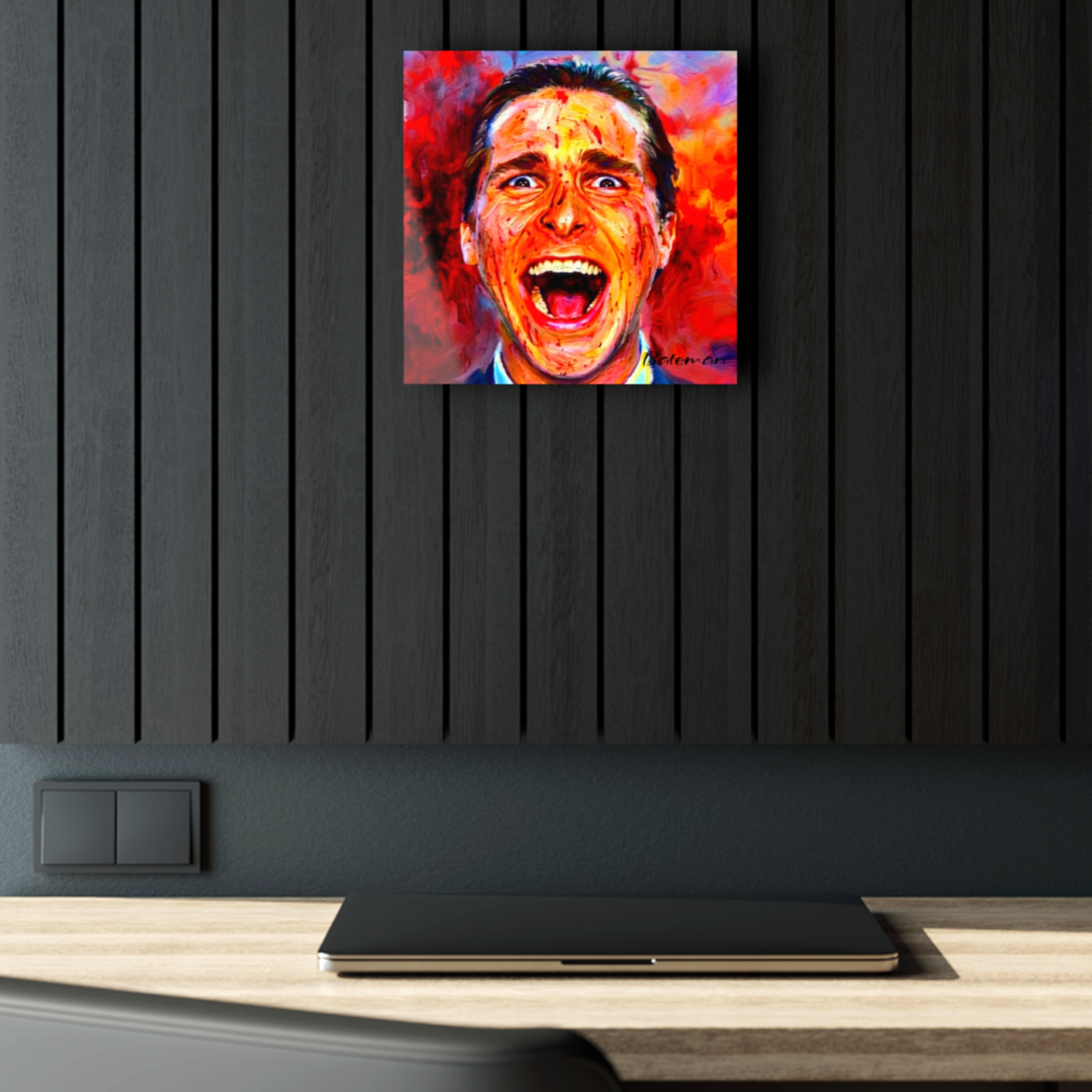 Modern horror wall art of Christian Bale as Patrick Bateman in American Psycho, high-gloss acrylic finish for home decor. Sold in Fright Factory New Orleans.