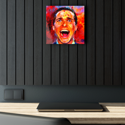 Modern horror wall art of Christian Bale as Patrick Bateman in American Psycho, high-gloss acrylic finish for home decor. Sold in Fright Factory New Orleans.