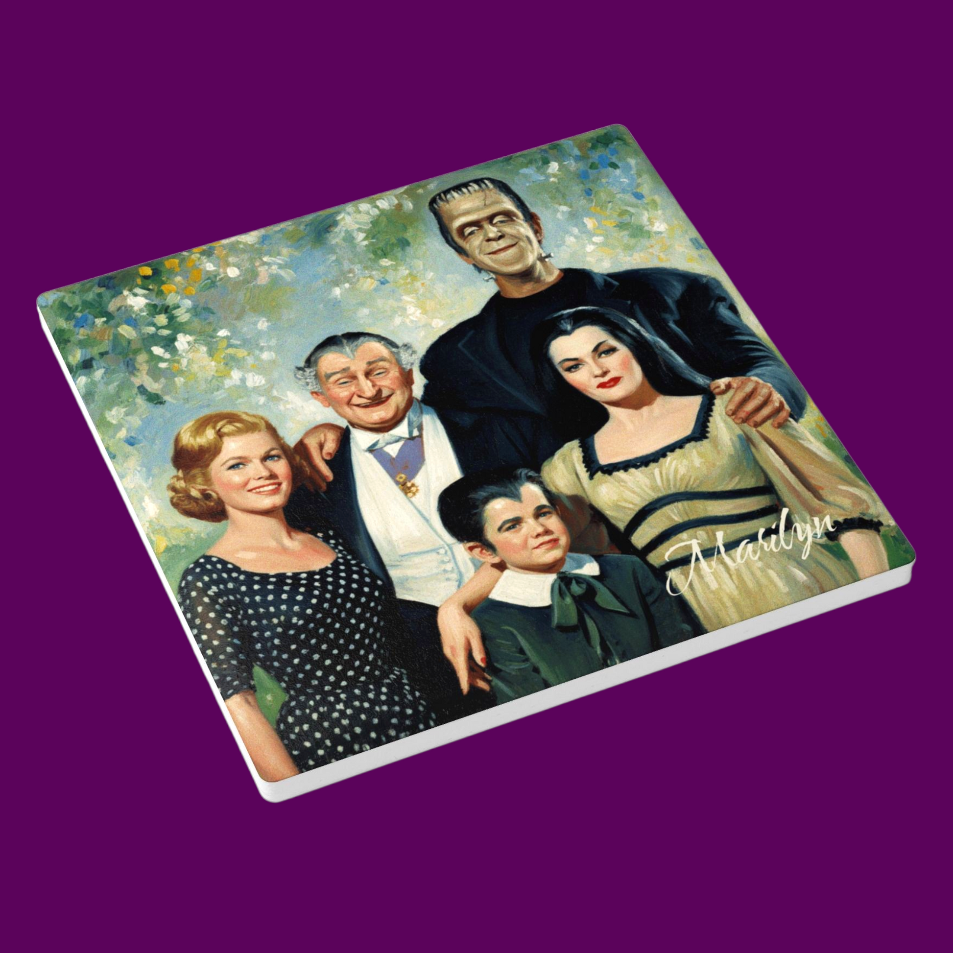 A custom square ceramic drink coaster featuring a vintage-style portrait of The Munsters family, including Herman, Lily, Grandpa, Eddie, and Marilyn, against a retro green background designed in The Fright Factory, NOLA.