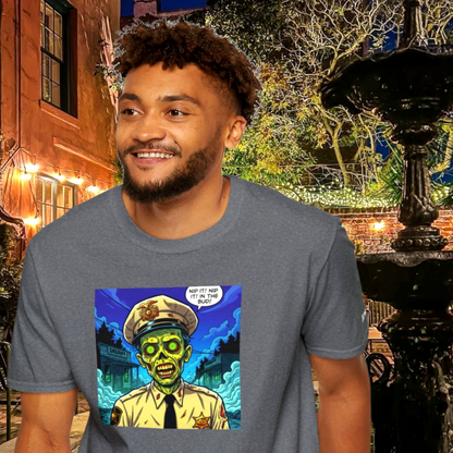 Man wearing the Zombie Barney Fife graphic tee while walking outdoors in New Orleans.