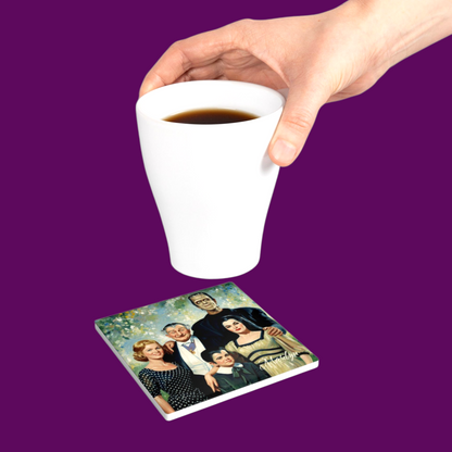 A coffee mug sitting on a Munsters ceramic coaster highlighting the glossy finish and custom art design by The Frght Factory, New Orleans.