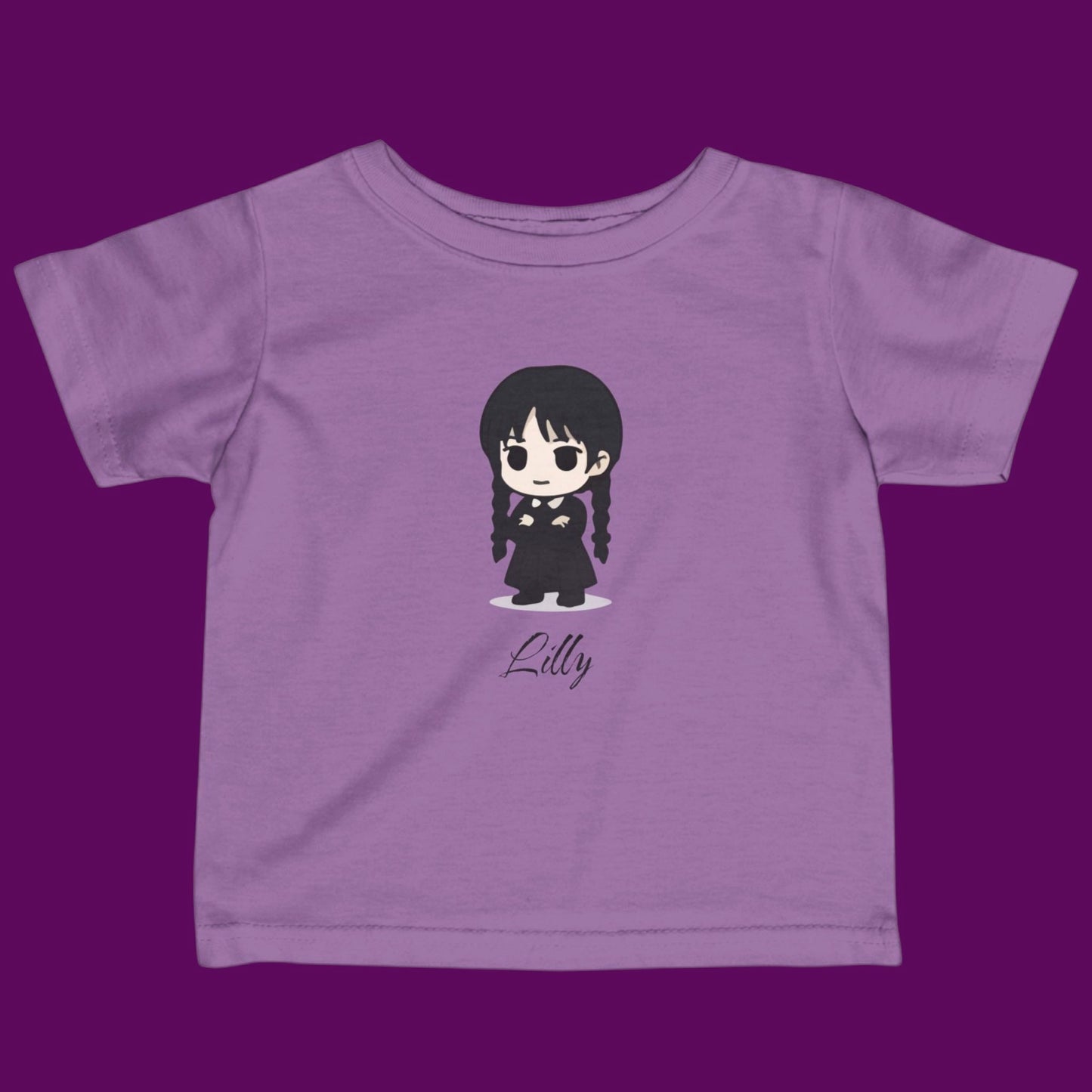 Custom Chibi Wednesday Addams inspired goth girl graphic with a personalized name on a purple kids t-shirt. Available in The Fright Factory New Orleans gift shop.