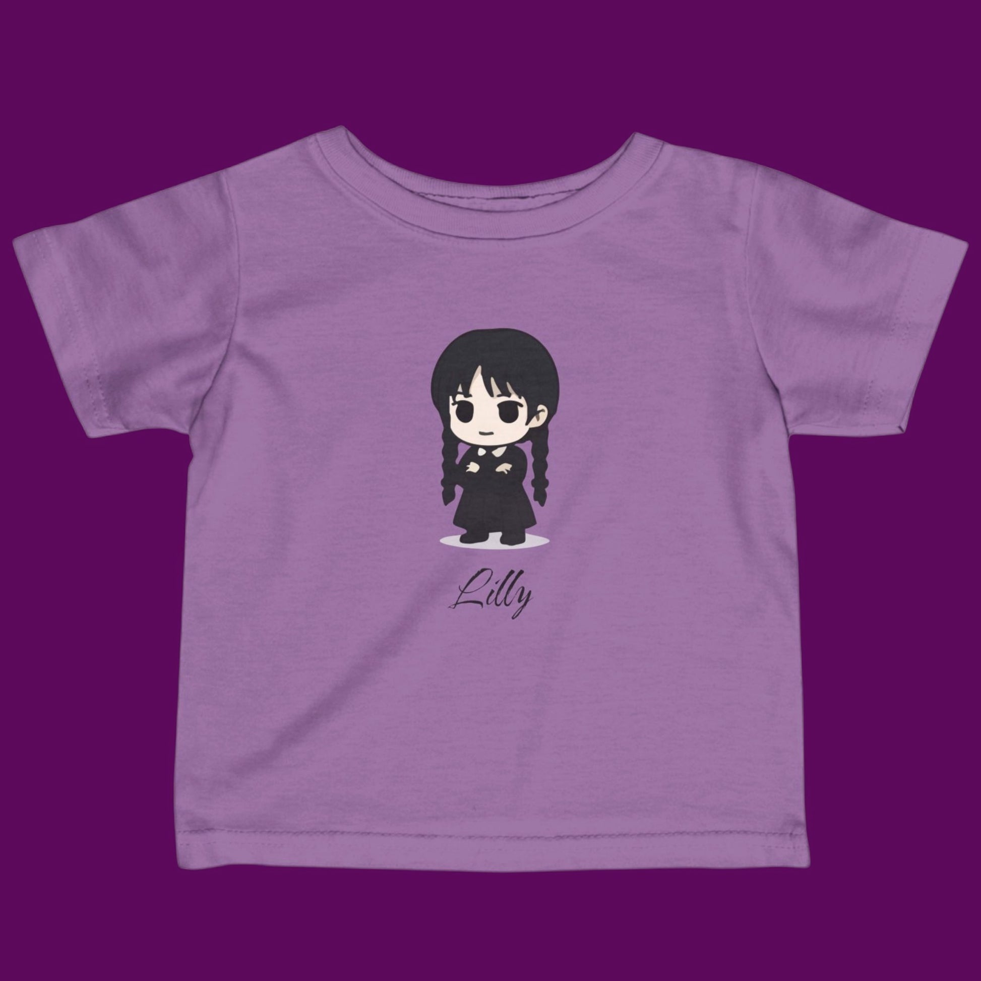 Custom Chibi Wednesday Addams inspired goth girl graphic with a personalized name on a purple kids t-shirt. Available in The Fright Factory New Orleans gift shop.