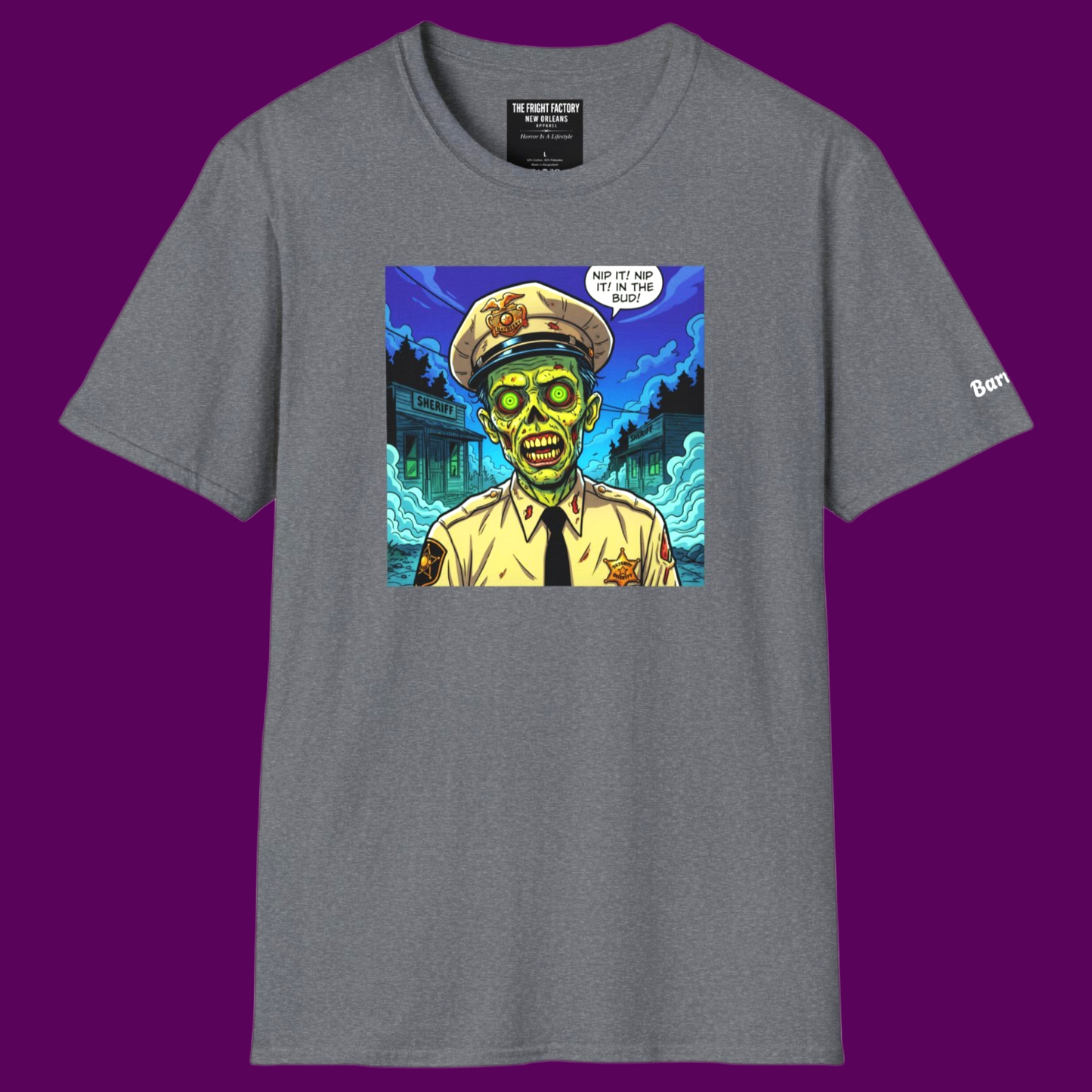 Close-up of undead deputy Barney Fife graphic showing detailed zombie face and retro police uniform on a gray cotton fabric.
