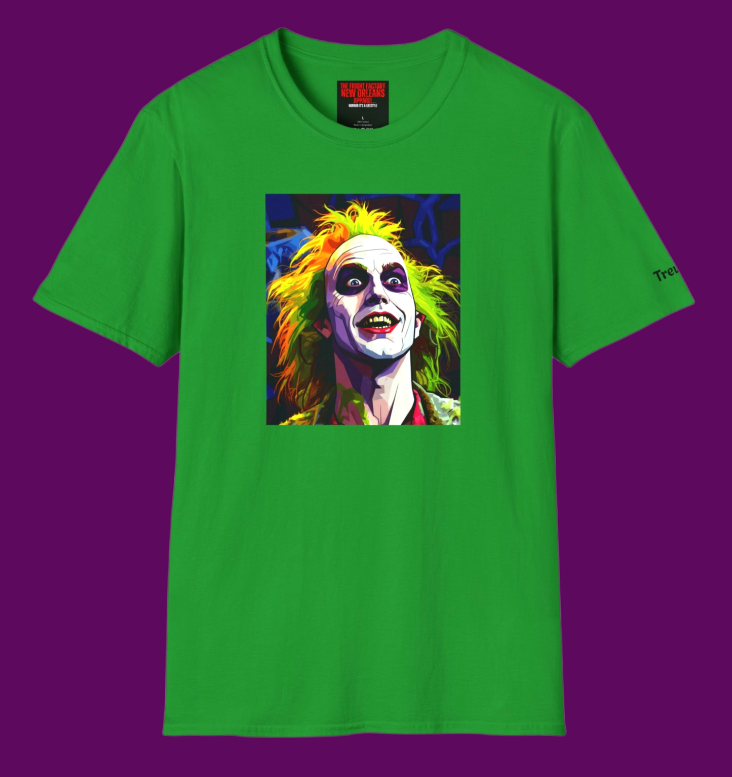 Front view of Beetlejuice pop art tee in a casual city setting, showing the comfortable retail fit and bright graphic colors.