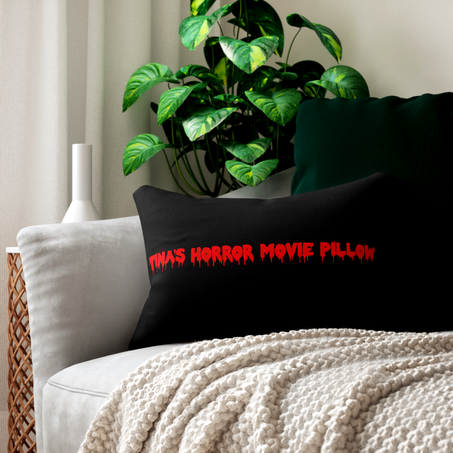 Gothic horror fan pillow designed in Fright Factory New Orleans. Retro macabre home accessory featuring original typography text and personalized name option.