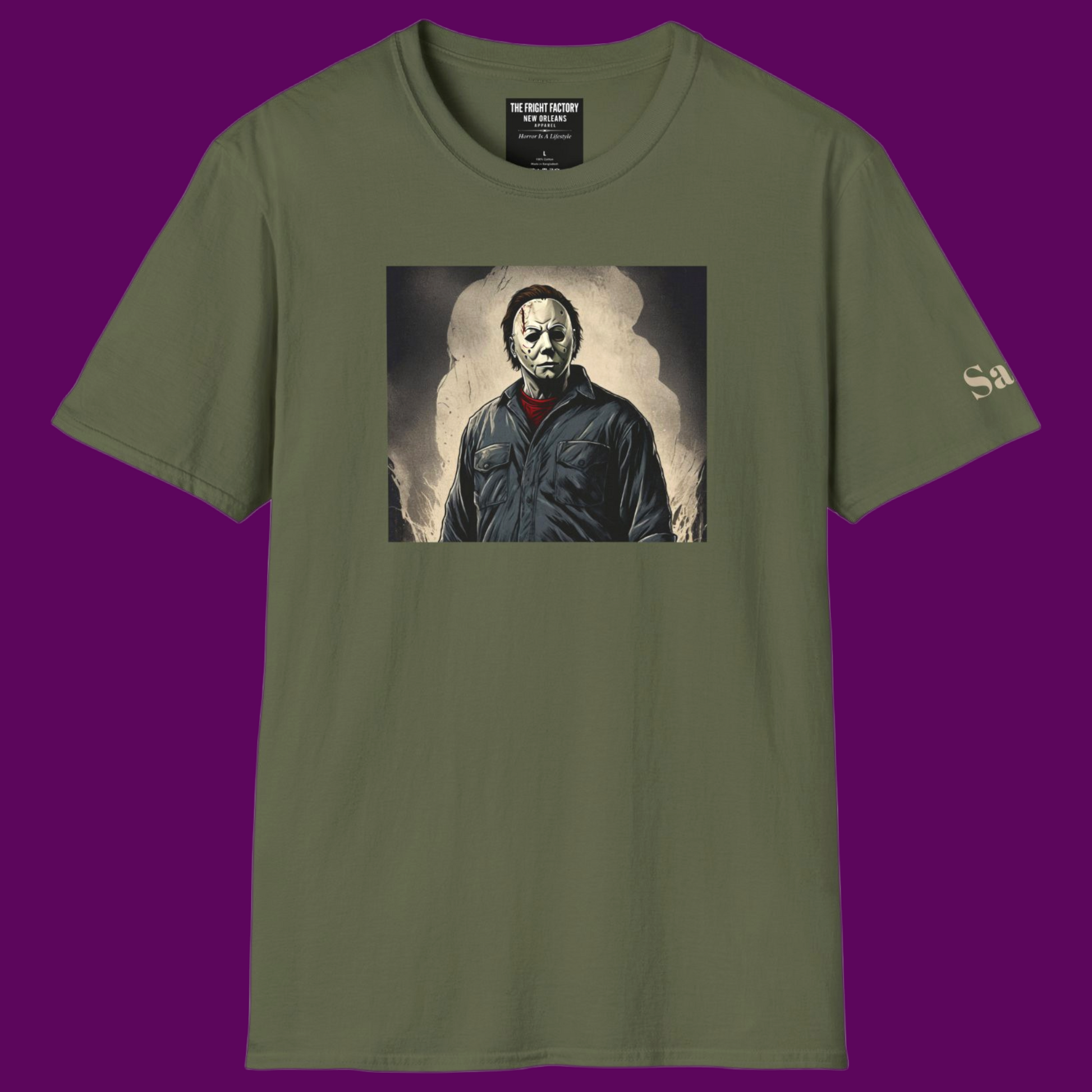 Front view of a custom Michael Myers t-shirt from the 1978 film Halloween. Designed in The Fright Factory NOLA.