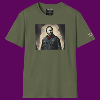 Front view of a custom Michael Myers t-shirt from the 1978 film Halloween. Designed in The Fright Factory NOLA.