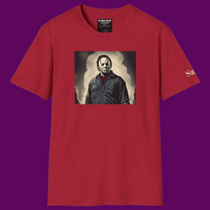 Michael Myers Halloween T-shirt from The Fright Factory Orleans featuring custom name personalization on 100% cottn. cotton.
