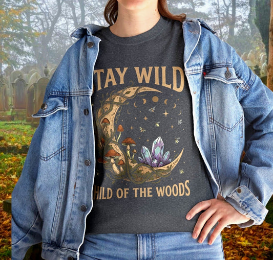 Cottagecore Mushroom and Crystal Stay Wild T-Shirt | Celestial Gift