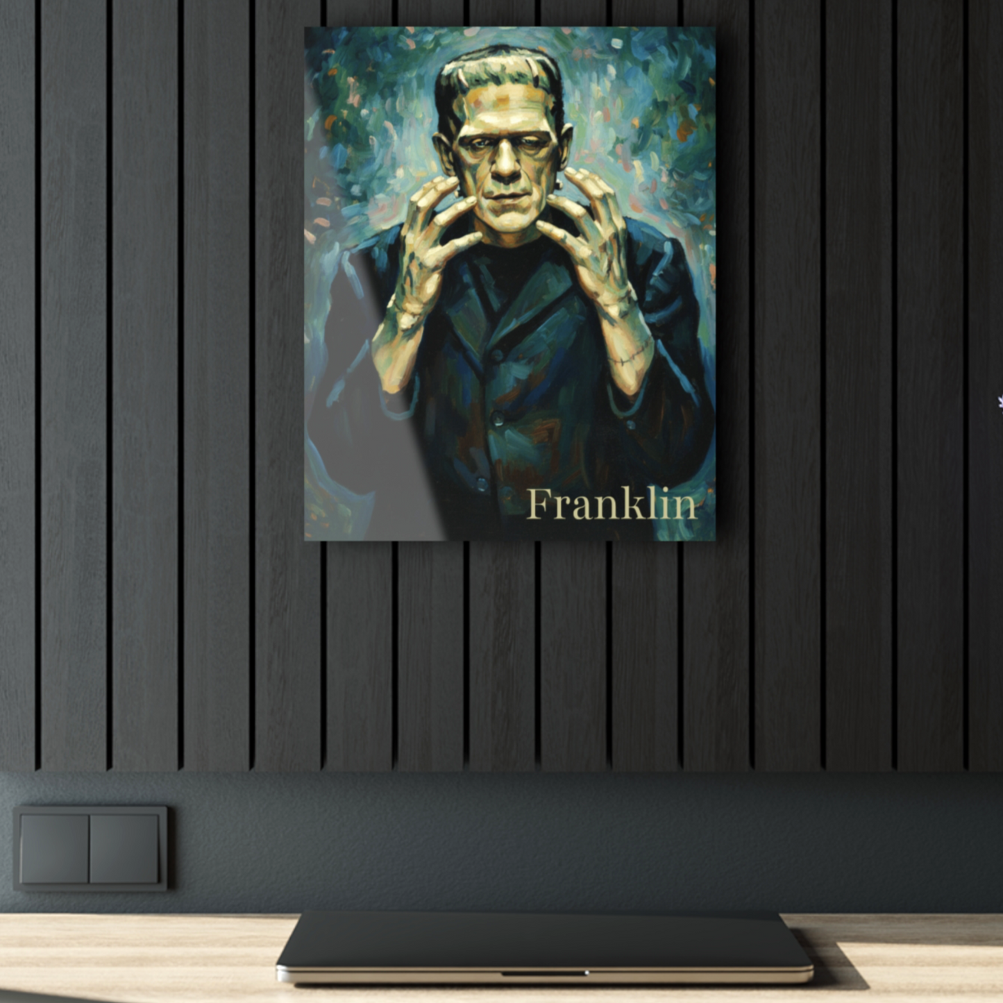A custom Frankenstein monster Monet-style acrylic print mounted on a modern living room wall with a float effect. Only available in The Fright Factory New Orleans.