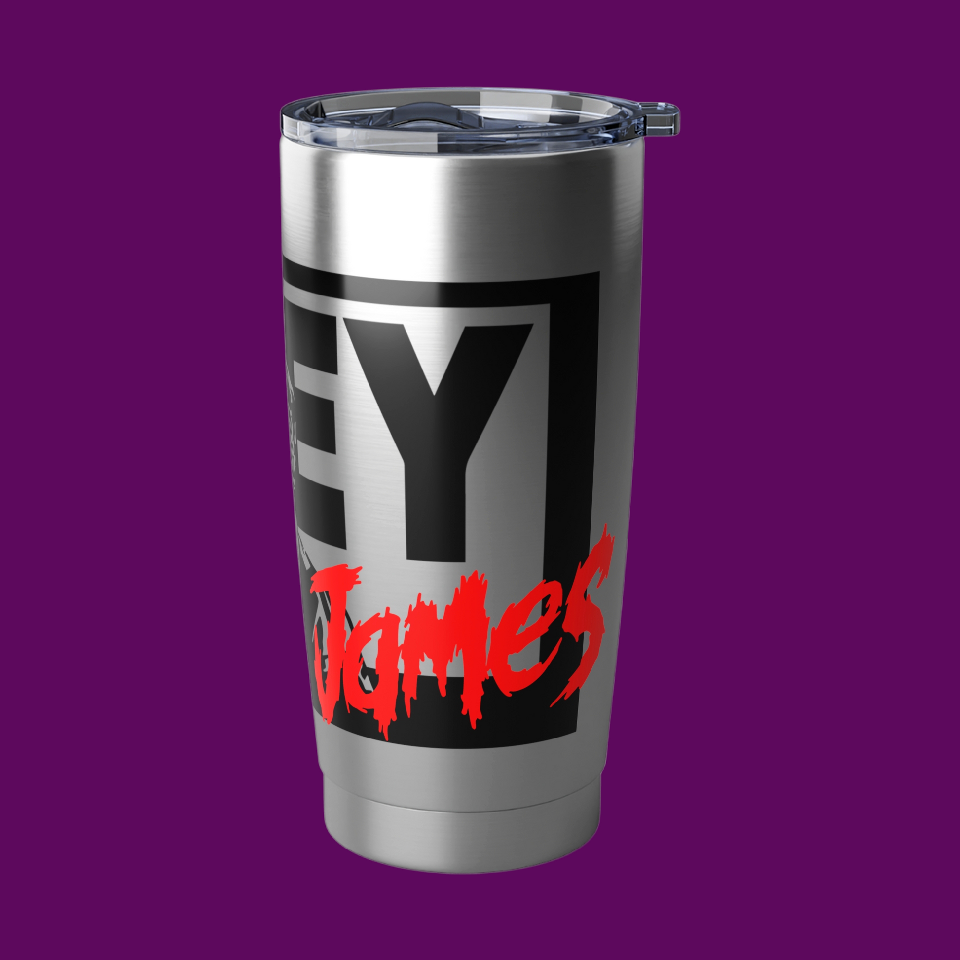 Insulated stainless steel tumbler featuring the iconic black skeletal alien face graphic and bold red OBEY text from the movie They Live. Personalize in The Fright Factory, New Orleans.