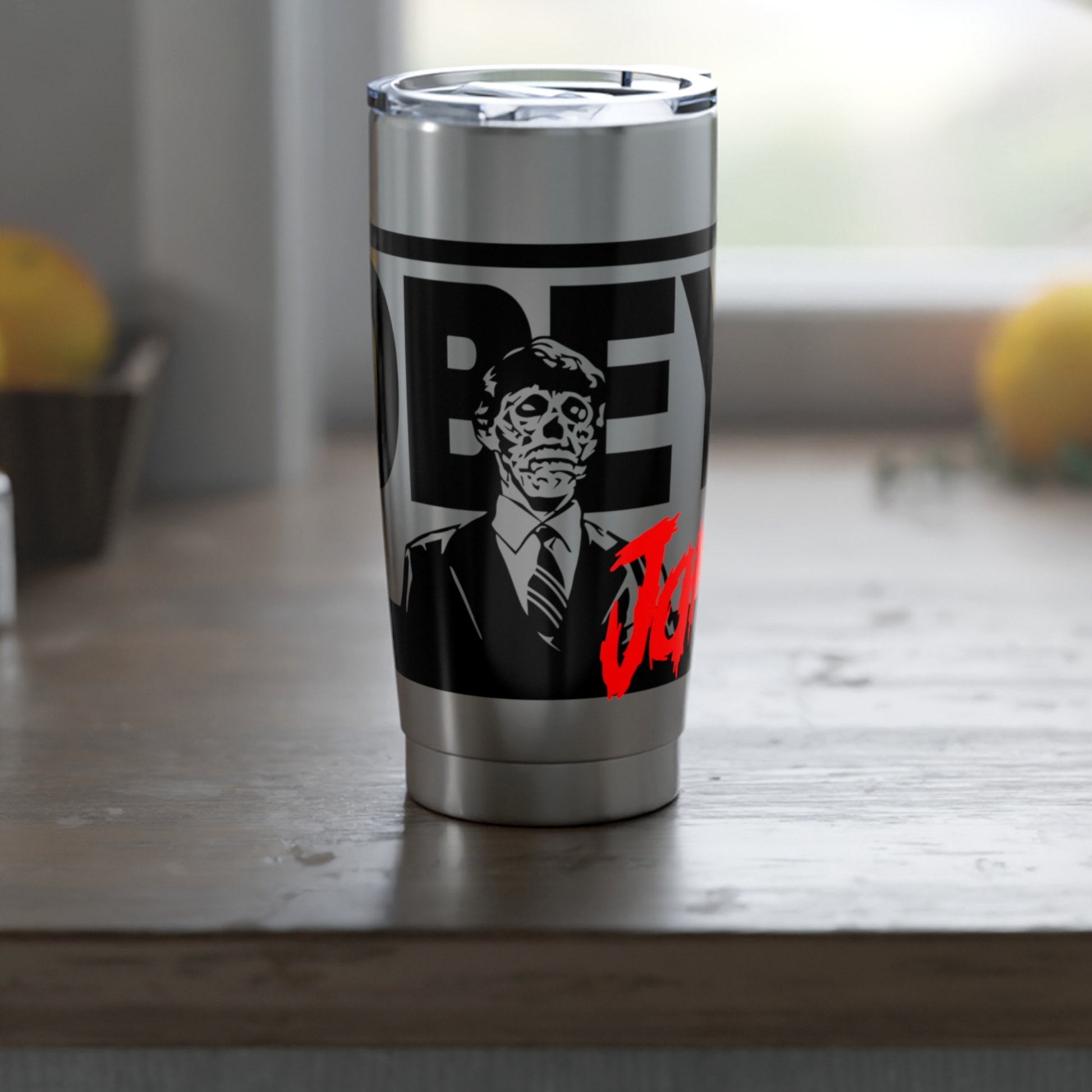 Custom insulated stainless steel tumbler featuring the iconic black skeletal alien face and bold red OBEY text from the movie They Live. Personalize in The Fright Factory NOLA.