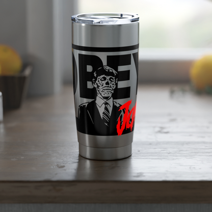 Custom insulated stainless steel tumbler featuring the iconic black skeletal alien face and bold red OBEY text from the movie They Live. Personalize in The Fright Factory NOLA.