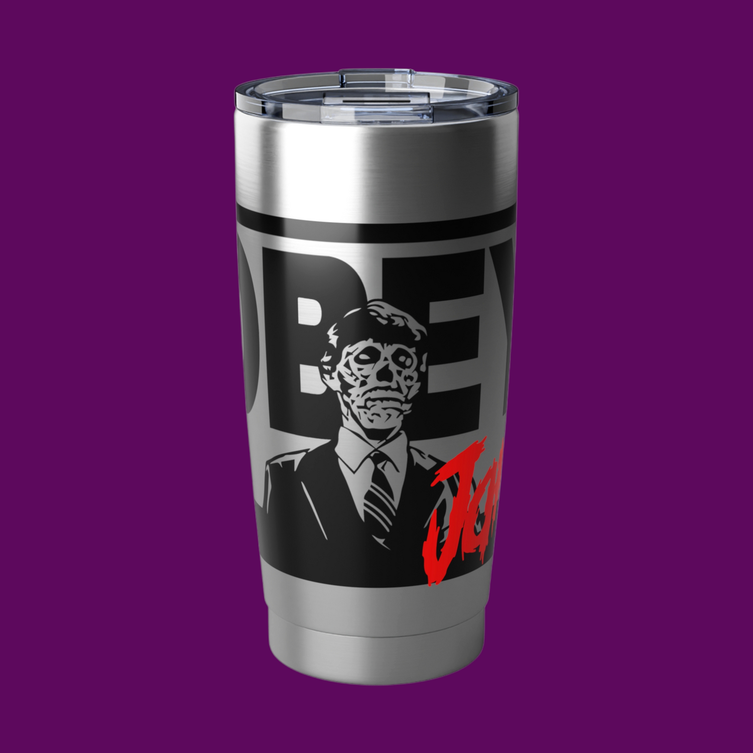 Insulated 20oz stainless steel tumbler featuring the iconic black skeletal alien face and bold red OBEY text from the movie They Live. Sold in The Fright Factory New Orleans.