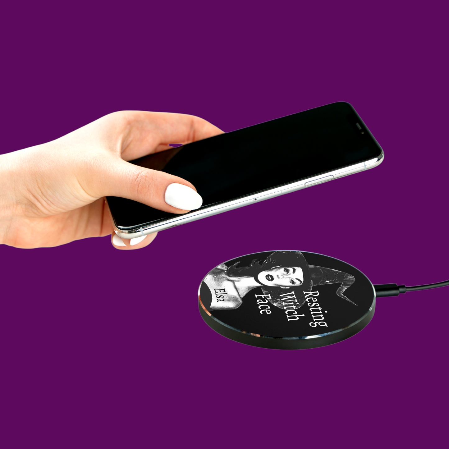 Personalized Resting Witch Face Wireless Charger - Gothic Home Office Decor - Horror Gift Idea from The Frght Factory New Orleans.