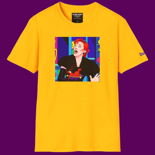 Delia Deetz from Beetlejuice in a vibrant pop art style on a 100% cotton T-shirt by The Fright Factory. The design features high-contrast colors and Delia's iconic dramatic expression.