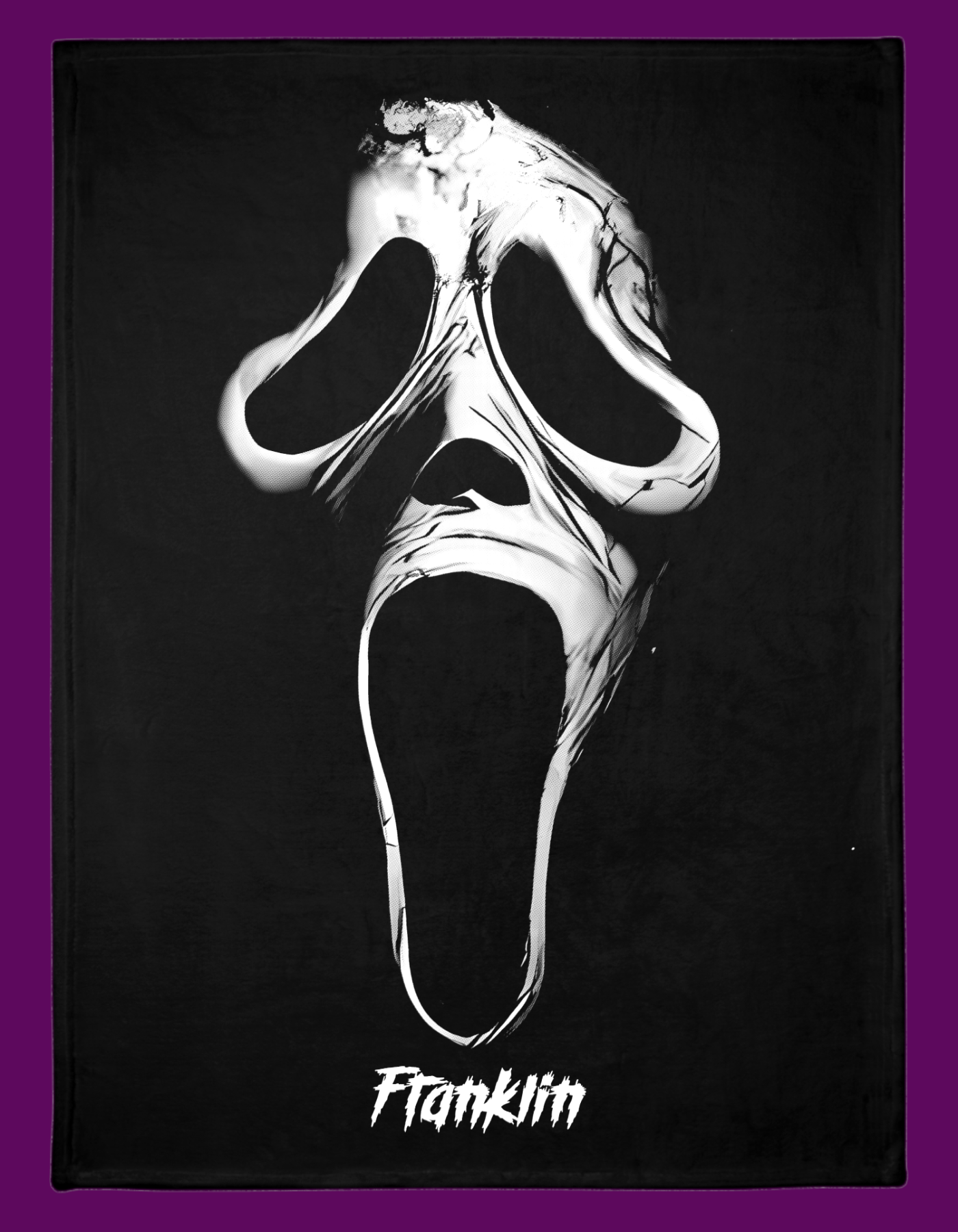 Personalized Scream Ghostface horror movie throw blanket with custom name, black and white slasher film aesthetic by Fright Factory NOLA.