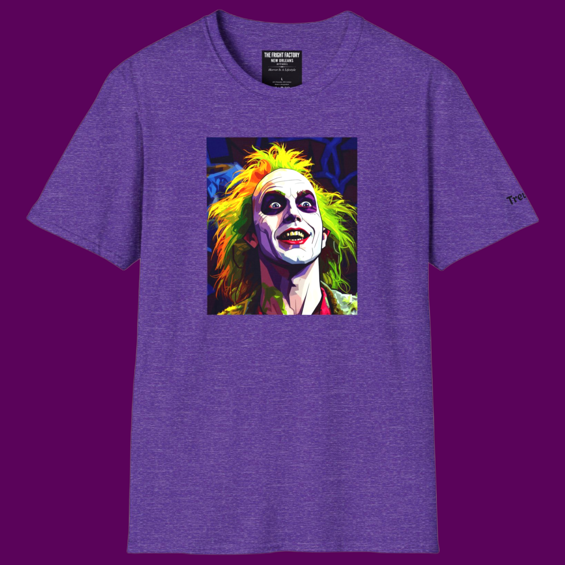 Custom pop art cottotn t-shirt of Beetlejuice personalizable in The Fright Factory New Orleans.